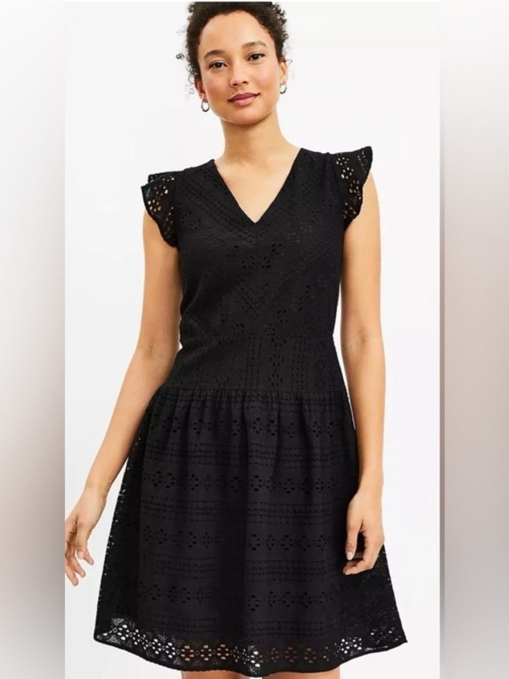 Loft NWT Black Eyelet Lace Flutter Sleeves Drop Waist Sun Dress Size 10